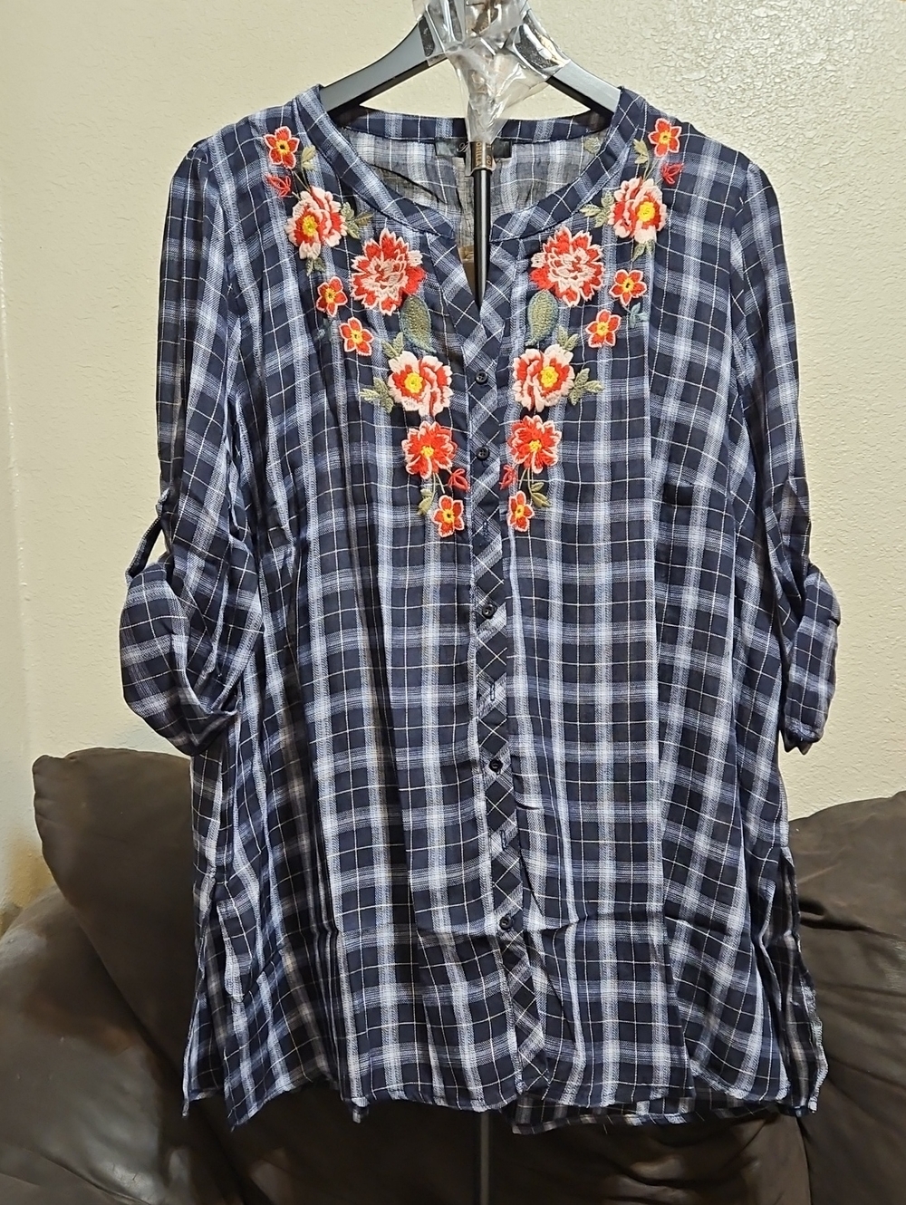 ANDREE BY UNIT Navy Plaid Tunic with Red & Orange Floral Embroidery